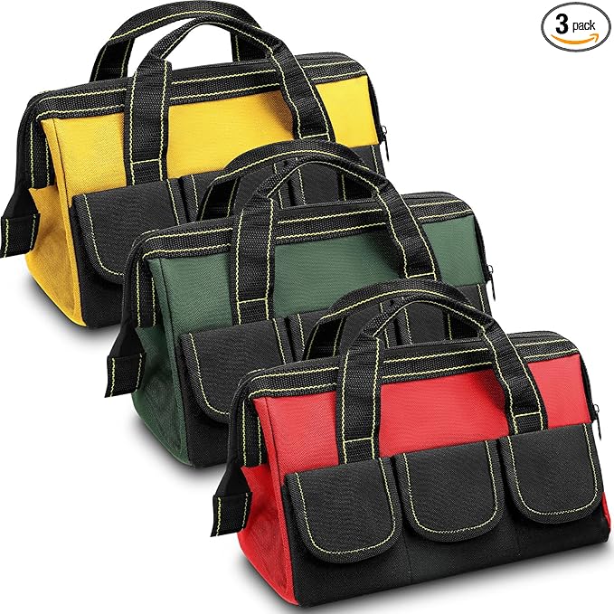 Sanwuta 3 Pack Tool Bag for Men with Waterproof Hard Bottom, Heavy Duty Tool Bag Wide Mouth Tote for Various Instrument, Electrician Carpenter Mechanic(Red, Army Green, Yellow,13 Inch,Classic)