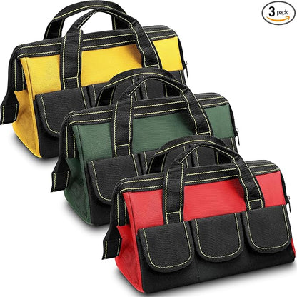 Sanwuta 3 Pack Tool Bag for Men with Waterproof Hard Bottom, Heavy Duty Tool Bag Wide Mouth Tote for Various Instrument, Electrician Carpenter Mechanic(Red, Army Green, Yellow,13 Inch,Classic)