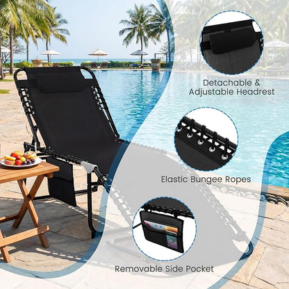 GYMAX Lounge Chairs for Outside, Extra High Folding Beach Tanning Lounger with Adjustable Backrest, Footrest & Removable Pillow, Sunbath Lounge for Patio, Lawn, Poolside (2, Black with Side Pocket)