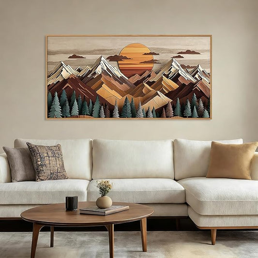 KAIRNE Woodcut Style Mountain Framed Canvas Wall Art Set,Wooden Pine Tree Wall Decor,Vintage Forest Landscape Art Prints,Nature Sunrise Artwork for Living Room,Bedroom,Farmhouse,Office-40 x20 x1