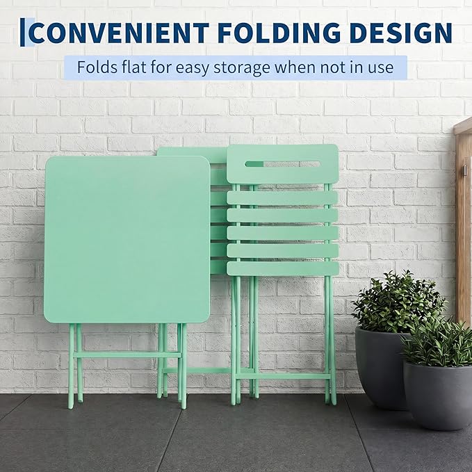 GarveeTech 3-Piece Folding Bistro Set, Heavy Duty Outdoor Patio Furniture with 2 Chairs & 1 Table, Weather-Resistant Steel Frame, No Assembly Required for Garden, Yard, Balcony,Green
