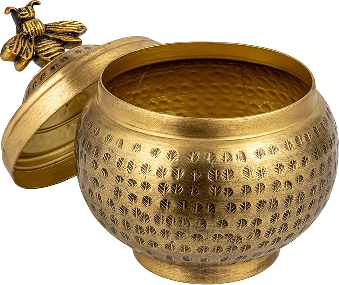 Creative Co-Op Round Hammered Metal Container with Bee Finial, Brass Finish