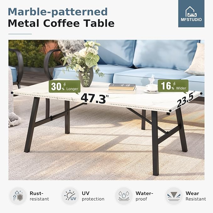 MFSTUDIO 4 Pieces Patio Conversation Sets(5 Seat), Outdoor Metal Furniture Sofa Set with 1 Loveseat(3 Seat), 2 Swivel Chairs, 1 Coffee Table, Steel Frame Patio Sets with Blue Cushion for Garden