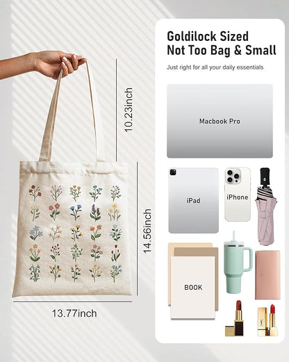Canvas Tote Bag with Aesthetic Prints, Cute Tote Bag for Women Girls with Wide Strap, Gifts for Cat Book Lovers