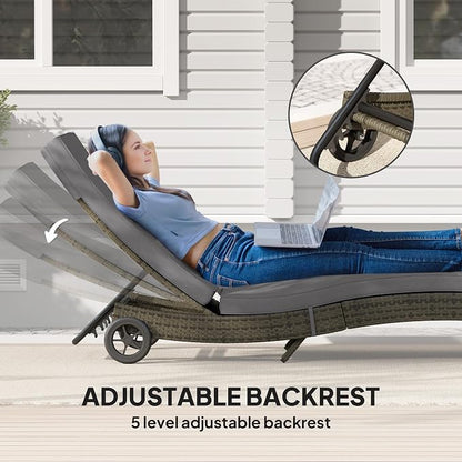 Outsunny Wicker Chaise Lounge Chair Outdoor with Wheels & Cushion, PE Rattan Patio Lounge Chair with 5-Level Adjustable Backrest for Poolside, Garden, Gray
