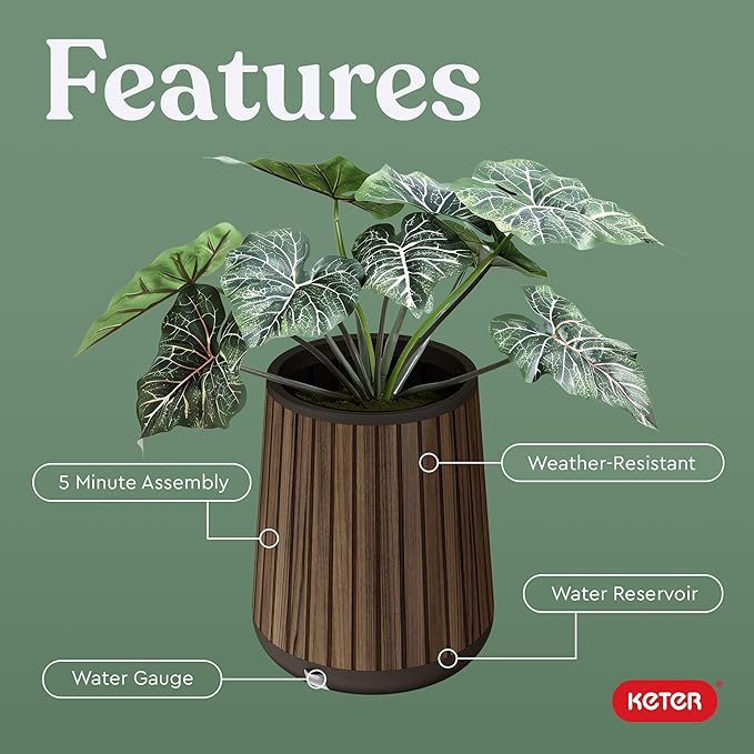 Keter Signature Conic 28.5 Inch Tall Round Large Wood Look Planter for Indoor or Outdoor Flower Pot Ideal for Patio Deck and Front Porch Decor, Rosewood