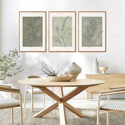 CHDITB Sage Green Botanical Framed Canvas Wall Art Set, Nature Line Art Wall Decor, Neutral Minimalist Floral Artwork, Boho Greenery Plant Flower Art Prints for Living Room, Bedroom, Office 24"x36"x3