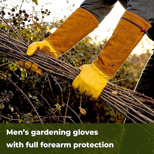 Aegend Long Gardening Gloves for Men, Reinforced Fingertips Cowhide Leather, Elbow-Length Gauntlet Cuff, Breathable & Durable for Yard Work Fit for Large Hands (Gold Yellow, XL)