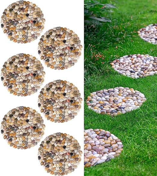 6 PCS River Rock Stepping Stones Outdoor, 12 Inch Diameter Round Pavers Pebbles Polished Gravel for Garden Walkway