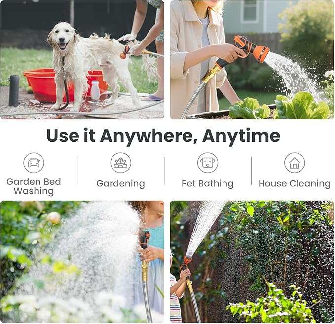 Giraffe Tools Garden Hose 100ft x 5/8", 304 Stainless Steel Metal Water Hose, No Kink Garden Water Hose with 9 Pattern Spray Nozzle, Flexible, Lightweight, Kink Free Hose for Yard, Outdoor