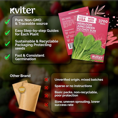 KVITER 3700 Jung Green Yu Choy Sum Seeds (Brassica Rapa VAR Parachinesis) - Chinese Flowering Cabbage, Fast Growing, Heirloom, Non GMO Seed Packets - Vegetable Seeds for Outdoor Garden, Raised Beds