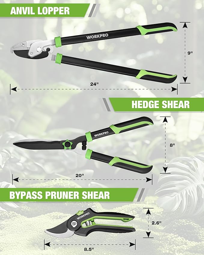 WORKPRO 3-Piece Garden Shears Set - 20” Hedge Shear, 24” Anvil Lopper & 8” Pruning Shear, Heavy-Duty Gardening Clippers with Sharp Blade, Comfort Grip Handle for for Branches, Shrubs, and Hedges