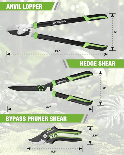 WORKPRO 3-Piece Garden Shears Set - 20” Hedge Shear, 24” Anvil Lopper & 8” Pruning Shear, Heavy-Duty Gardening Clippers with Sharp Blade, Comfort Grip Handle for for Branches, Shrubs, and Hedges