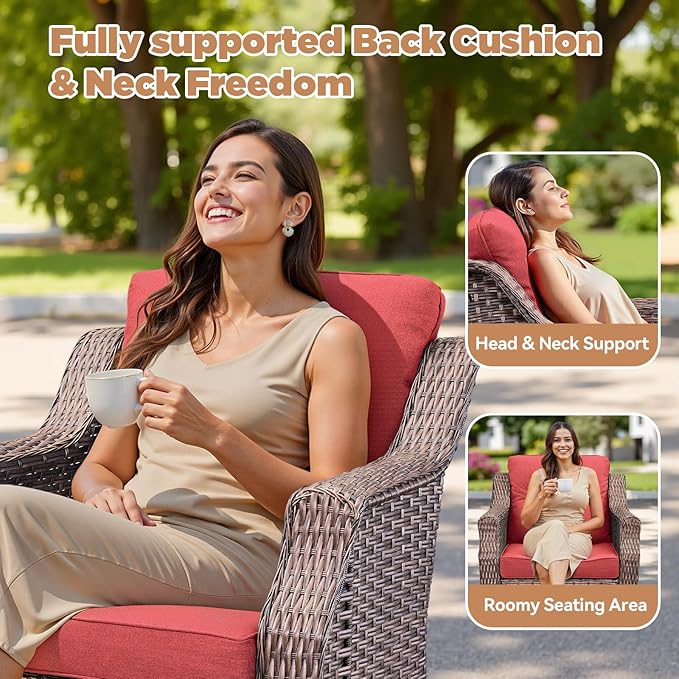 Patio Wicker Chairs Swivel Rocker-Outdoor Swivel Rocker Chair Set of 2 with All Weather Wicker Glider Rocker Set, PE Rattan Swivel Rocking Chair with Side Table for Yard Balcony Deck Porch Brown/Red