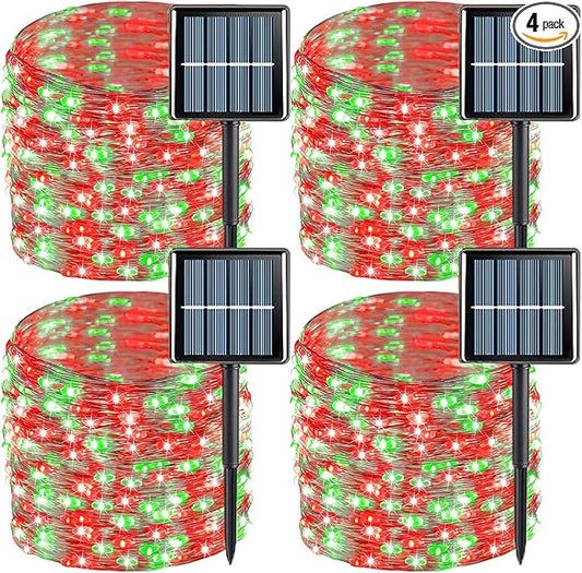 YEGUO 4 Pack Red and Green Solar Fairy Lights, Each 33ft 100 LED Christmas Lights Outdoor Waterproof, 8 Modes Sliver Wire Solar String Lights