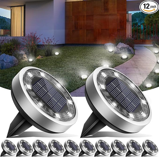 Solar Ground Lights,12 Pack Flat Solar Lights Outdoor Waterproof, Bright LED Solar Disc Lights, 6000K Cool White Landscape Lighting for Outside Yard Garden Pathway Driveway Lawn