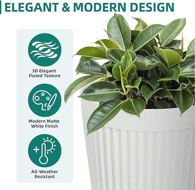 20" Resin Planters Large Matt Flower Pots Outdoor Set of 2 Indoor Pots for Plants with Handmade Fluted Texture Heavy-Duty Garden Pot with Drainage Hole for Patio, Porch or Living Room, White