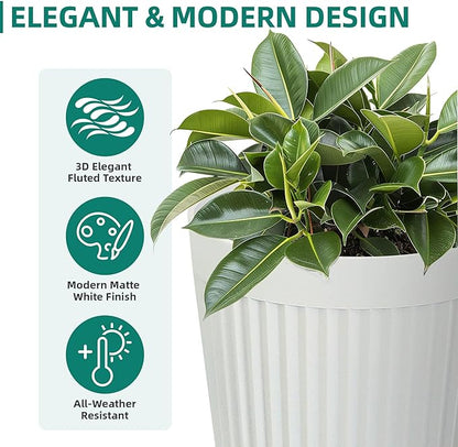 20" Resin Planters Large Matt Flower Pots Outdoor Set of 2 Indoor Pots for Plants with Handmade Fluted Texture Heavy-Duty Garden Pot with Drainage Hole for Patio, Porch or Living Room, White