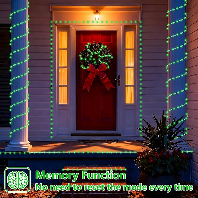 YEGUO Solar Christmas Lights Outdoor Waterproof, 2 Packs Each 33ft 100 LED Rope Lights, 8 Modes Fairy String Lights in Clear Thin Tube for Camping Fence Patio Garden Trampoline Deck(Green)