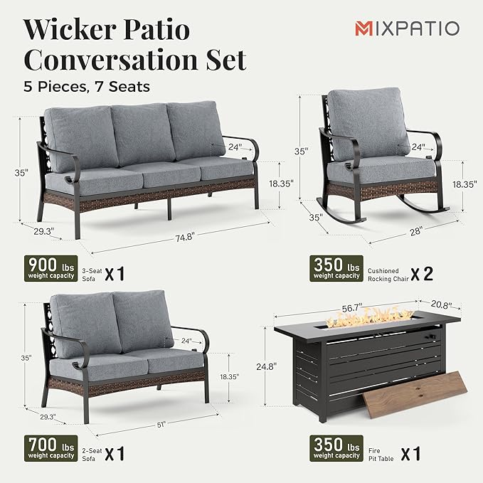 Patio Furniture Set with Firepit Table, Black Frame Outdoor Conversation Set with 2 x Rocking Chairs, 1 x 2-Seat Sofa, 1 x 3-Seat Sofa for Lawn Garden Backyard, Grey