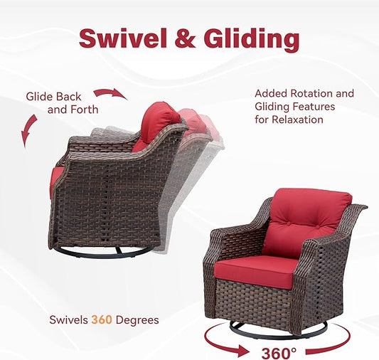 Patio Wicker Chairs Swivel Rocker-Outdoor Swivel Rocker Chair Set of 4 with All Weather Wicker Glider Rocker Set, PE Rattan Swivel Rocking Chair with 2 Side Table for Balcony Deck Porch Brown/Red