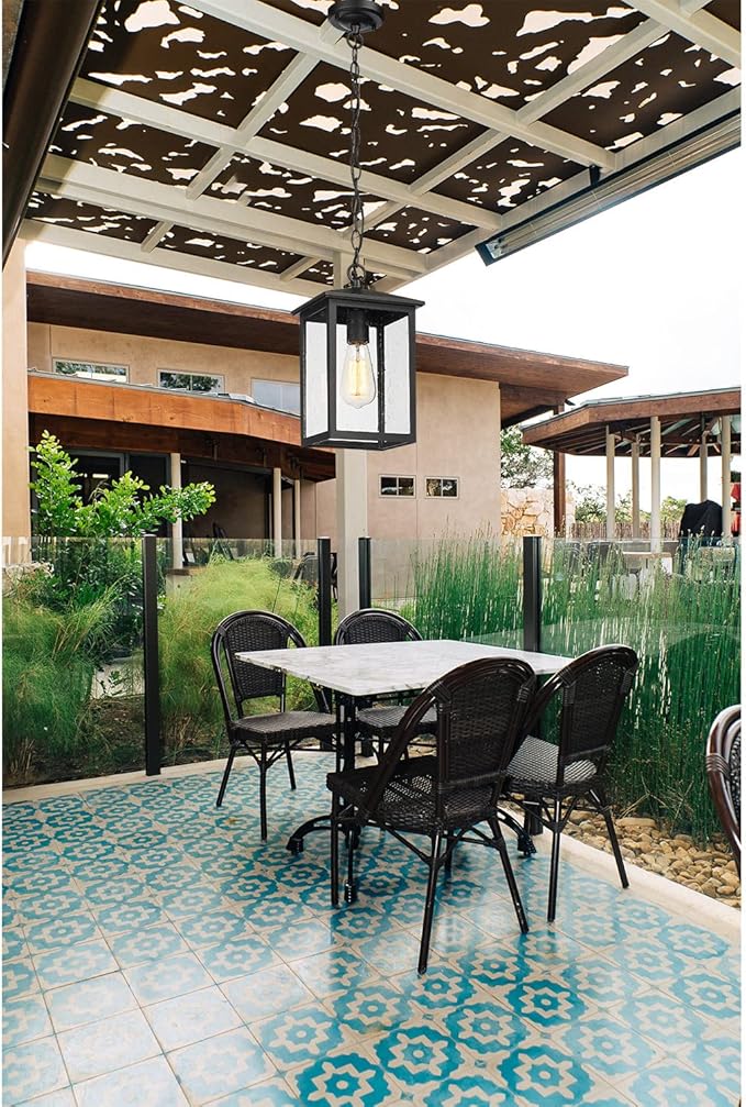 Treekee Outdoor Pendant Lighting, Exterior Hanging Lantern Porch Light, Outside Light Fixture in Black Finish with Seeded Glass, Pendant Lamp for Front, Entry, Patio, Gazebo