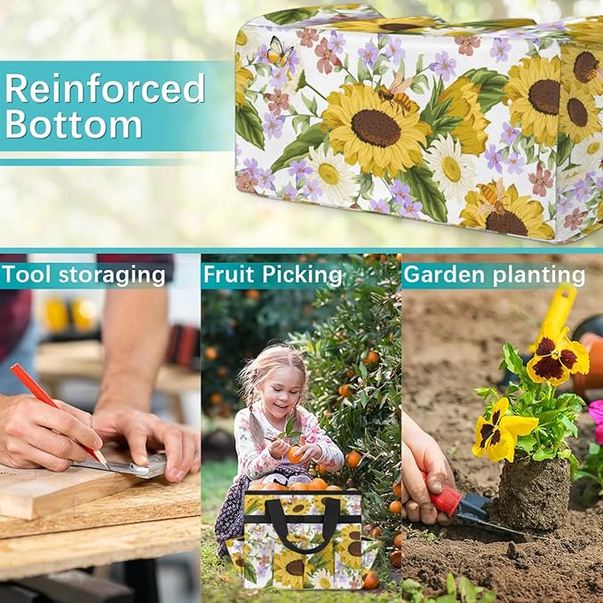 Garden Tote Bag with Pockets Sunflower Gardening Bags for Tools Organizer Heavy Duty Storage Bag with Handle for Lawn Yard Casual