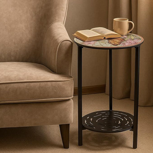 2 Packs Two-Tier Metal Round Side Table Set of Two Black Accent Coffee Tables Small Space Corner Plant Stand Shelf for Indoor Outdoor Use Patio Balcony End Table Weather-Resistant