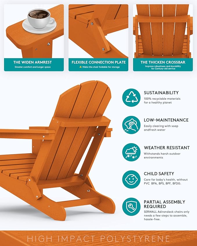 SERWALL Folding Adirondack Chair for Patio Garden Outdoors Heavy All-Weather Fire Pit Chairs - Orange
