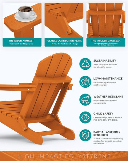 SERWALL Folding Adirondack Chair for Patio Garden Outdoors Heavy All-Weather Fire Pit Chairs - Orange