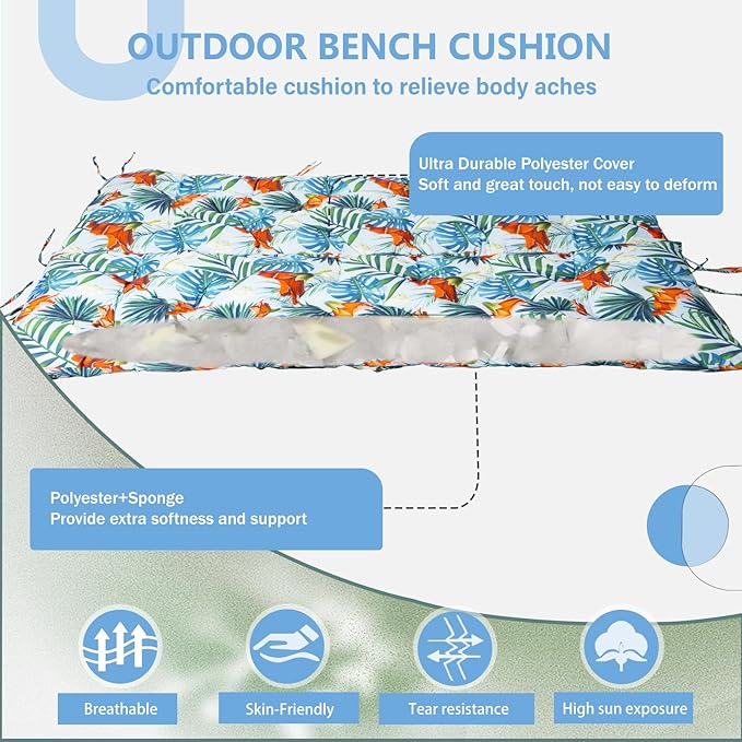 2/3 Seater Swing Replacement Cushion, Waterproof Porch Swing Cushions with Backrest, Thickened Bench Cushions for Outdoor Furniture, for Outdoor Patio Swing (Summer, 40 * 40 in)