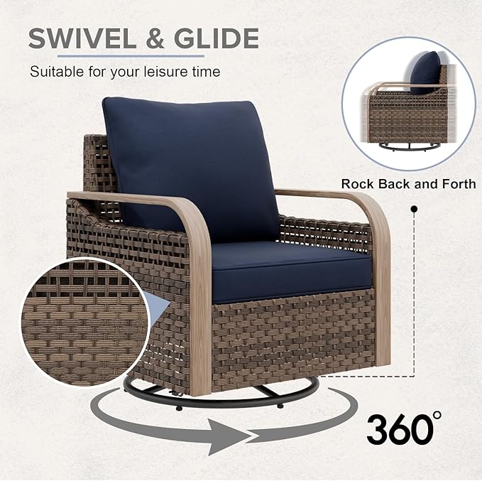 COOS BAY Modern Wicker Outdoor Furniture Set, Patio Conversation Set with Swivel Rockers, 3 Seat Couch, Ottomans, and Coffee Table, 6 Piece, Brown/Blue