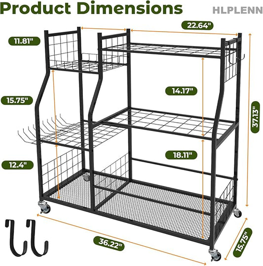 Large Garden Tool Organizer with Wheels, Yard Tool Organizer Stand for Long Handled Tools, Indoor/Outdoor Metal Yard Tool Storage Rack Cart for Garage, Shed, Garden