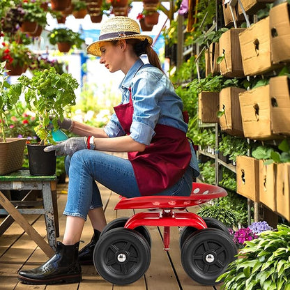 Giantex Garden Cart, Rolling Workseat with 4 Wheels, Garden Stool 360° Swivel Work Seat & Adjustable Height, Heavy Duty Wagon Scooter for Gardening for Patio Garden, Lawn, Yard (Red)
