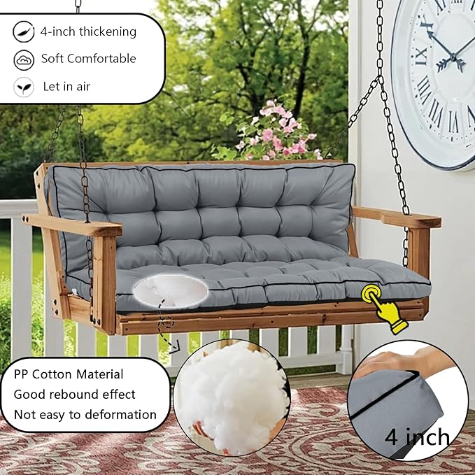 Porch Swing Cushion Three Seat, Waterproof Swing Cushions Replacement with Backrest, Outdoor Garden Furniture Patio 4" Thickened Cushions with Ties (Light Gray, 40 x 55in)