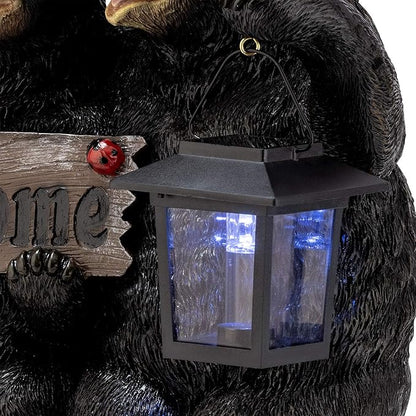 Alpine Corporation 15" H Outdoor Bear Couple with Lantern and Welcome Sign Statue with Solar LED Lights, Black