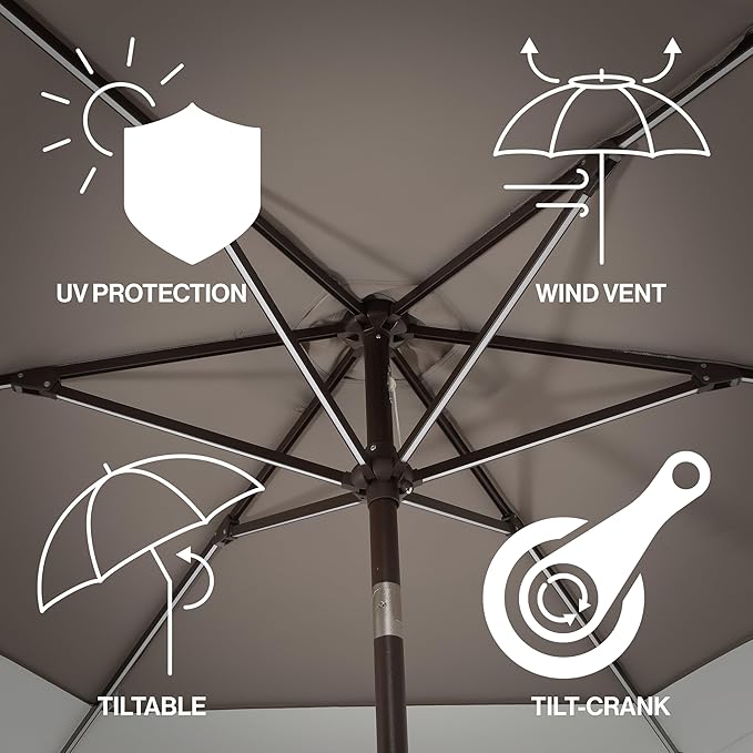 JONATHAN Y UMB1100C Spencer 9 ft. Classic Coastal 2-Tone Solar LED Market Patio Umbrella with 12 LED Strip Lights, Auto-Tilt, Crank Protection in Gray/White