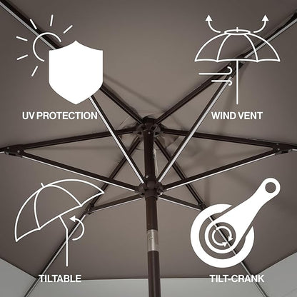 JONATHAN Y UMB1100C Spencer 9 ft. Classic Coastal 2-Tone Solar LED Market Patio Umbrella with 12 LED Strip Lights, Auto-Tilt, Crank Protection in Gray/White