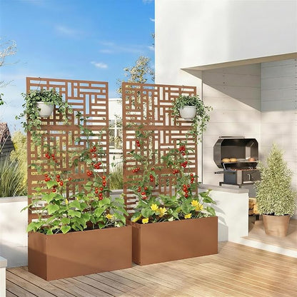 Outvita Metal Planter Box with Trellis, 71’’ x 36’’ x 16’’ Raised Garden Bed with Drainage Holes for Climbing Plants, Vegetables, Vines, Privacy Planters for Patio (Brown)