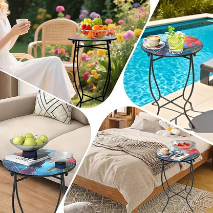 Outdoor Side Table, 21 Inch Tall Patio Side Table, Weather Resistant Metal Round Indoor End Table for Patio Yard Porch Balcony Garden Bedside