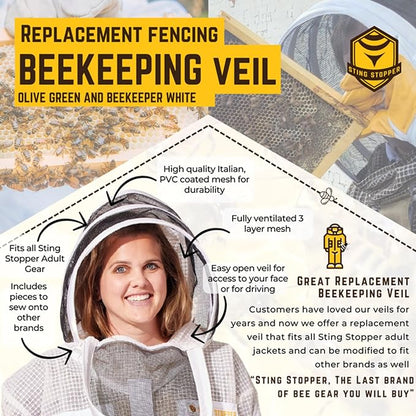 Beekeeping Veil - Replacement Round or Fencing Style, Universal Fit for All Suits & Jackets, 3-Layer Mesh for Maximum Sting Protection, Olive Green