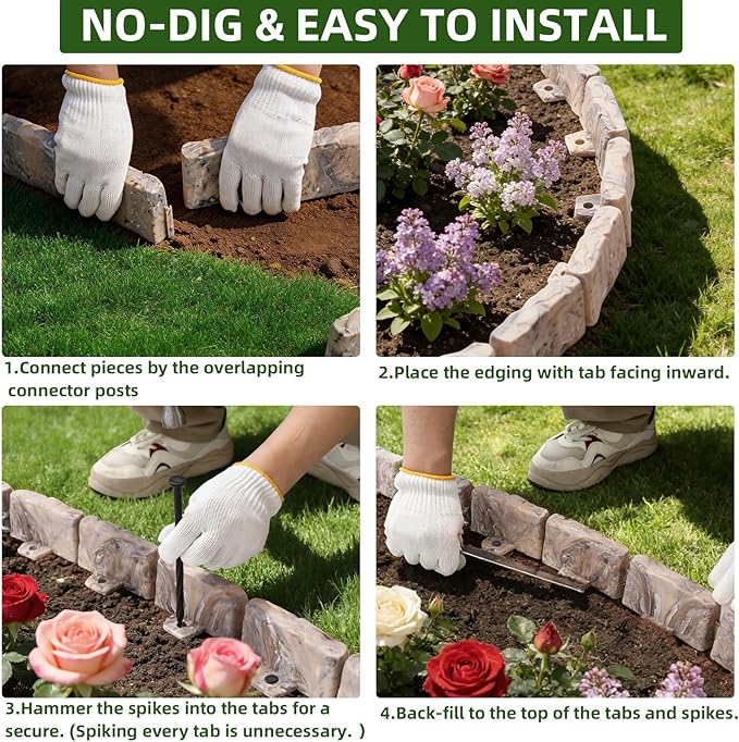 Landscape Edging Garden Edging Border Faux Stone Edging,17FT x 2.75 in Tall Decorative Stone-Look Garden Border for Flower Bed Edging,Yard Edging,Lawn Trees and Gardens,with Anchoring Spikes,Brown