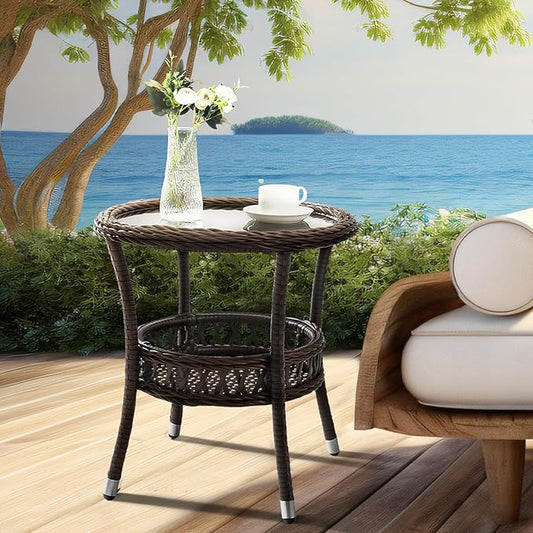 Outdoor Side Table Wicker Outdoor End Table for Patio Rattan Side Table for Outside Brown Patio Coffee Table with Storage & Glass Table Top Round for Backyard Porch