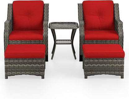 5 Piece Patio Furniture Wicker Conversation Set, 2 Chairs, 2 Ottomans with 1 Side Table, for Outdoors, Backyard, Deck, Red