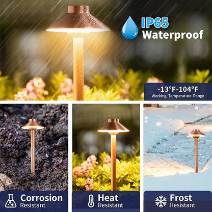 Gardenreet Brass Path Lights Copper, Low Voltage LED Landscape Pathway Lights, 12V Outdoor Waterproof Landscape Lighting(Hat) for Walkway Driveway Garden Yard Without G4 Bulb