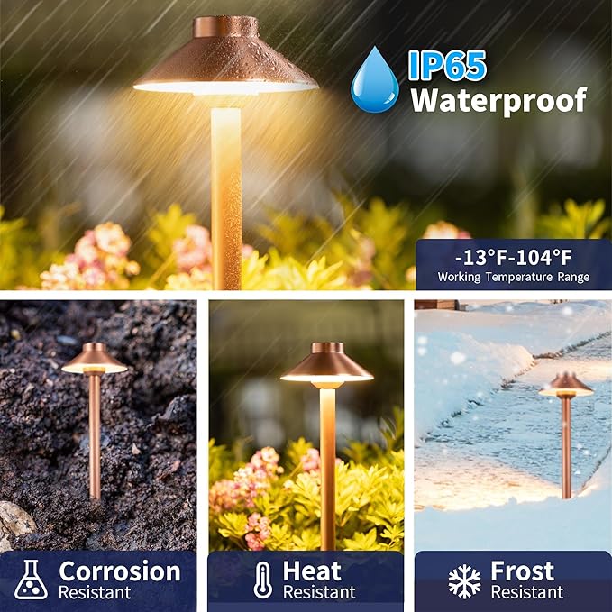 Gardenreet Low Voltage Landscape Sidewalk Lighting, Solid Brass Pathlights, LED Driveway Warm Light Waterproof, Hat Shaped 12V Wired Copper for Walkway Garden with 3W 270LM 3000K G4 Bulb (12 Pack)