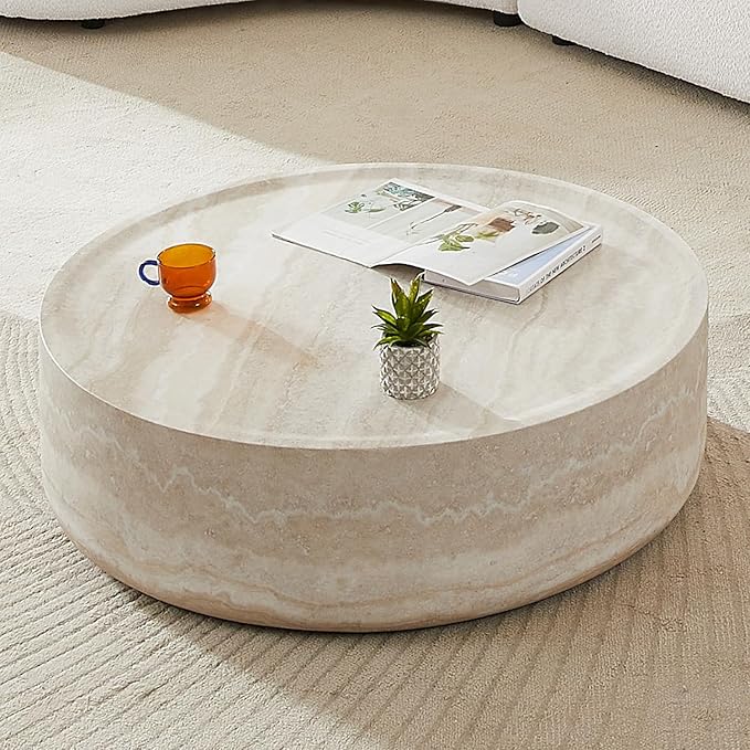 kevinplus ø39.3'' Round Coffee Table for Living Room, Modern Drum Circle Coffee Table Side Table End Table, Fiberglass Material, No Assembly (Mars Texture, ø39.3'' x 11.8'')