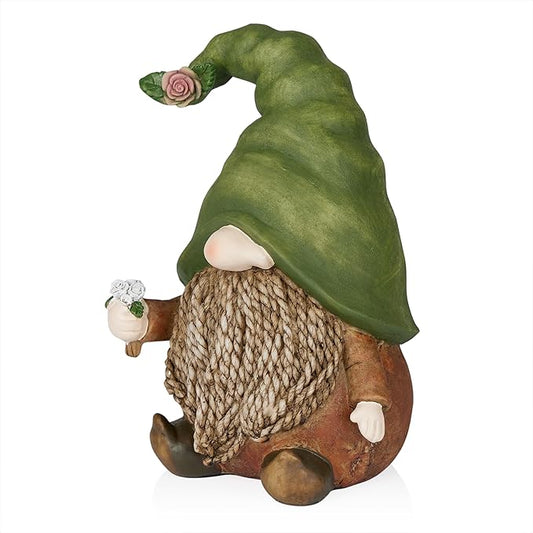 Alpine Corporation 10" Tall Outdoor Green Hat Gnome Statue, Offering Flower Sculpture Gift for Family, Weatherproof Garden Decor