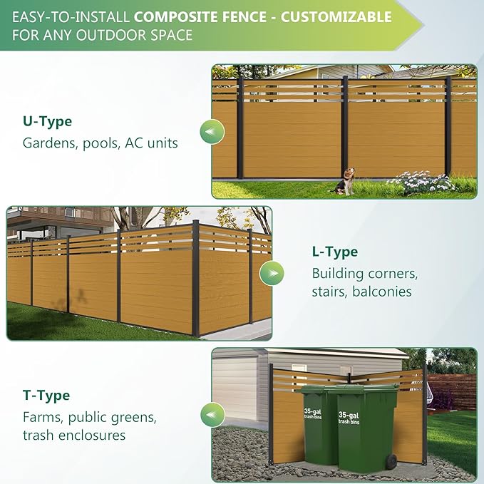 Mondaria Semi-Closed Privacy Fence Panels with 1 Post for Outside, 6ft(W) x 6ft(H), Wind Resistant Wood Plastic Composite Fencing Panels for Patio, Backyard, Garden and Pool, Yellow Teak