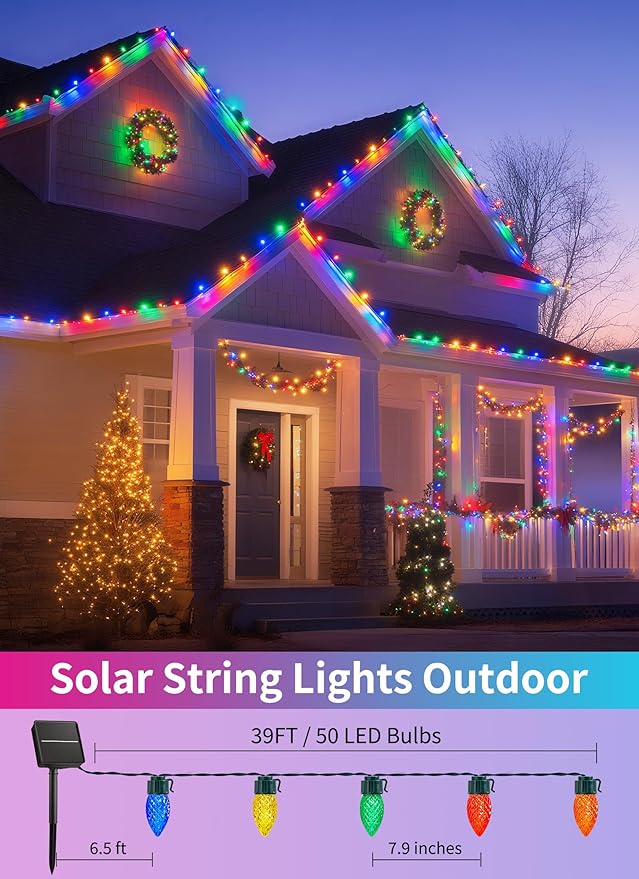 Solar Christmas Lights Outdoor, 50 LED C9 Strawberry String Lights with Timer & 8 Light Mode, Waterproof Solar Christmas Tree Lights for Outside Garden Patio Party Christmas Decoration, Multicolor